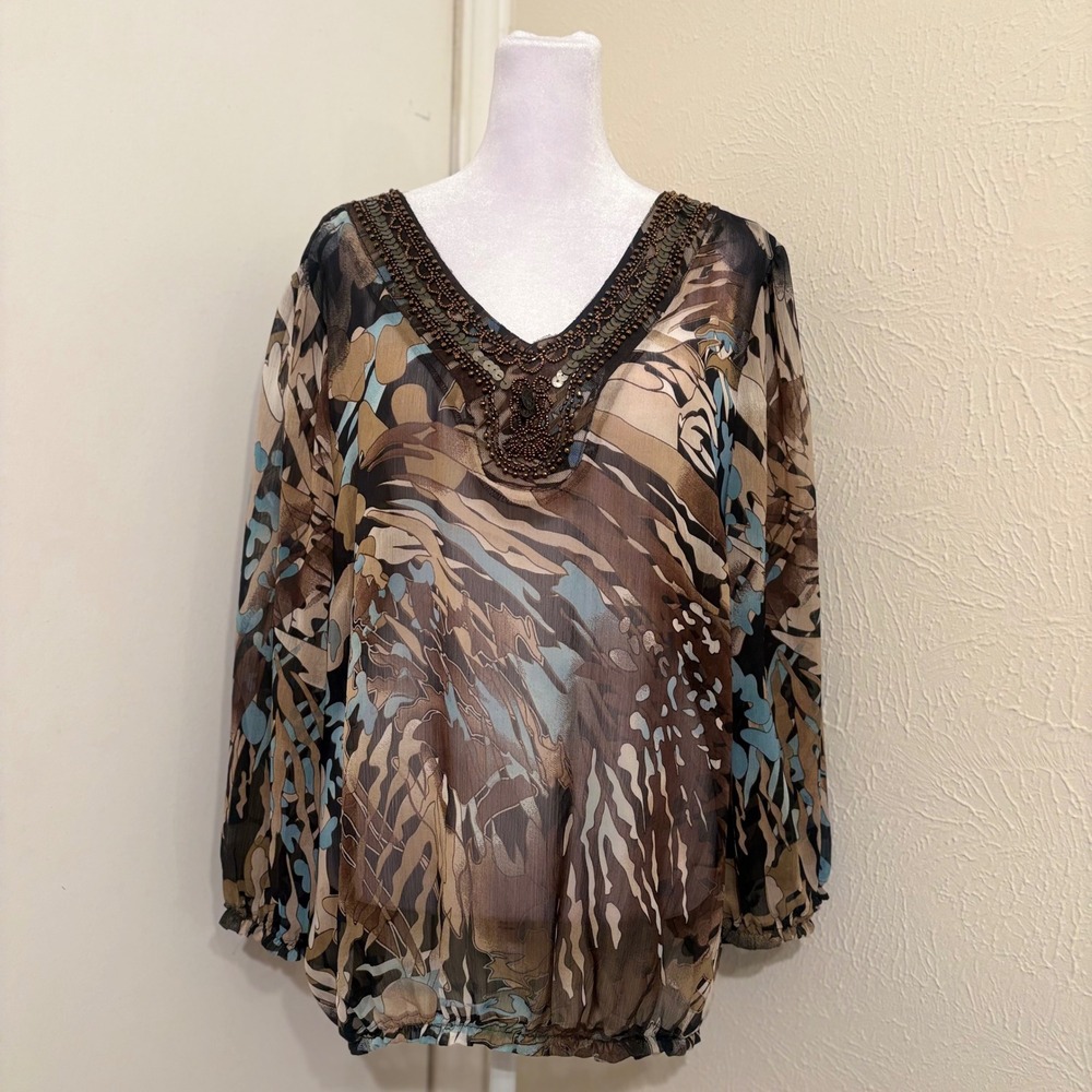 Y2K‎ Brown Blue Abstract Mixed Animal Print Cheetah Beaded Sheer Tunic Fairy XL